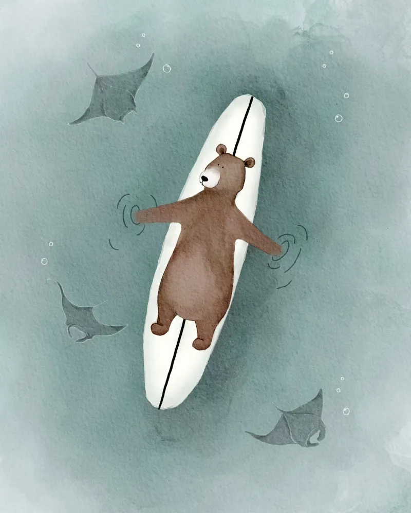 Beer Surfplank & Mantarog Oceaandecoratie canvas met Baklijst van Urchin Bay Art