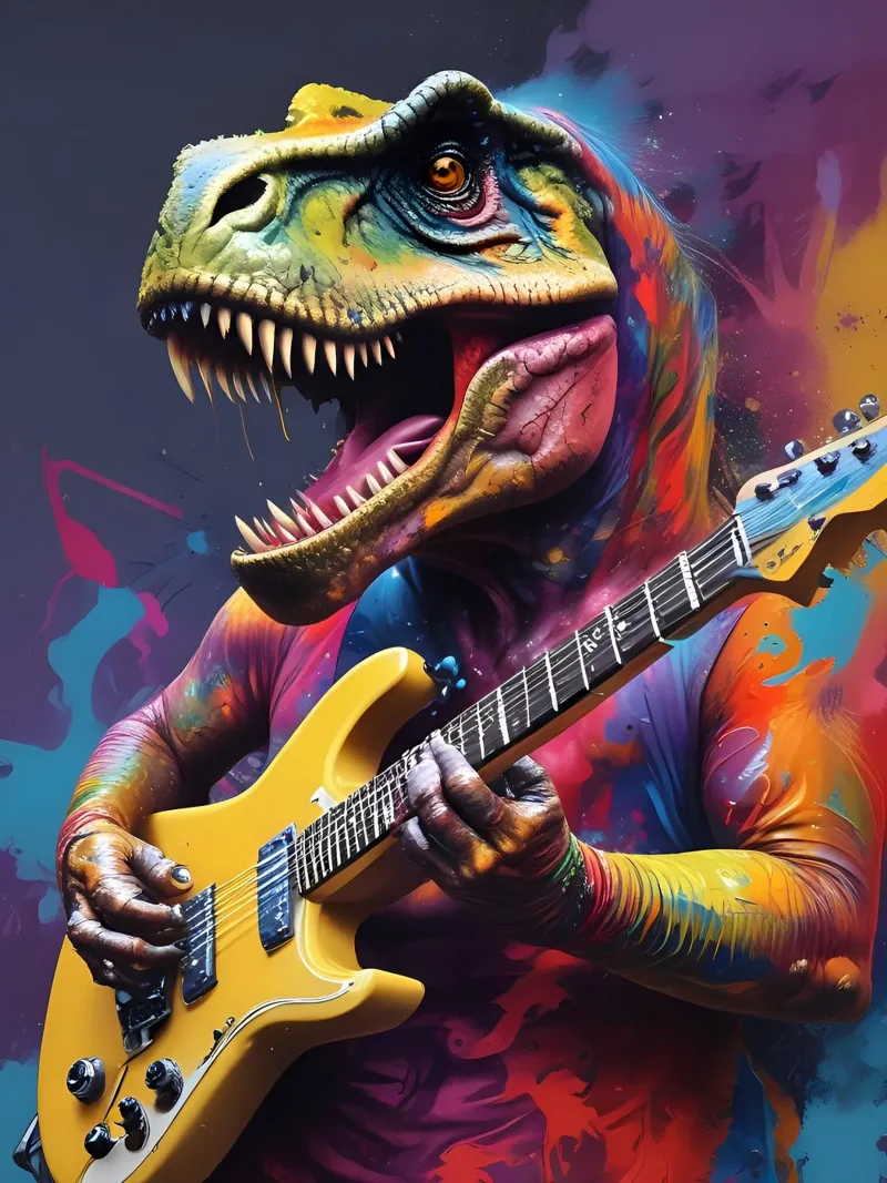 Dinosauro che suona la chitarra poster con telaio in legno da MakArena