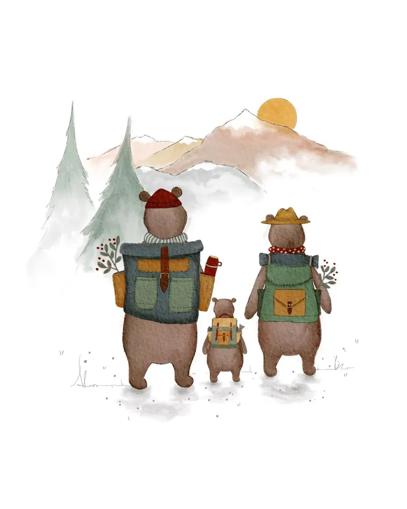Famiglia di orsi in montagna Illustrazione di escursioni per bambini poster con telaio in plastica da Urchin Bay Art