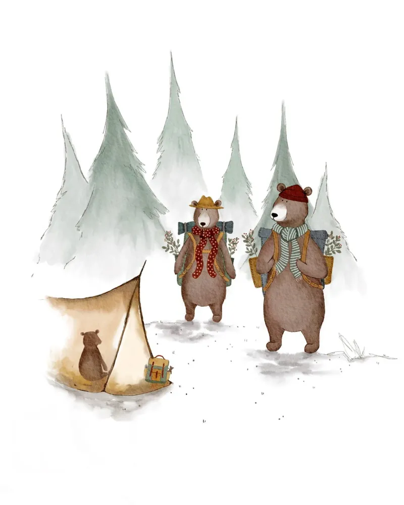 Illustrazione di famiglia di orsi in campeggio per bambini poster con telaio in legno da Urchin Bay Art