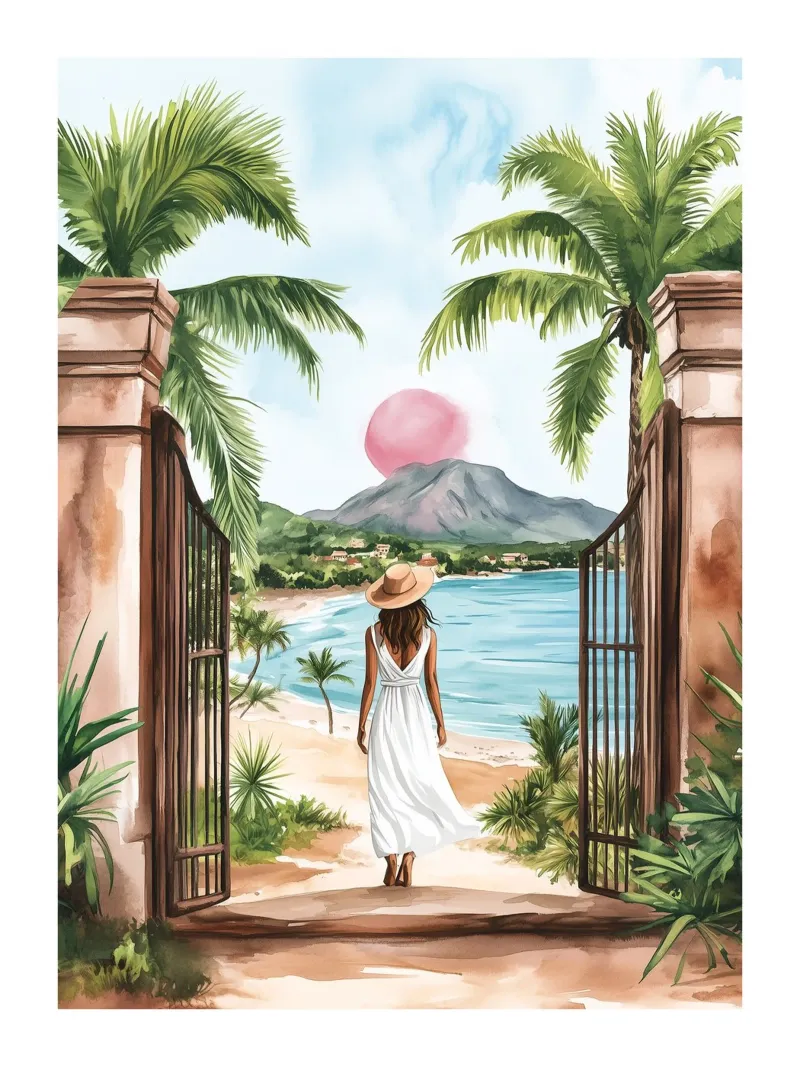 Donna rivolta verso l'orizzonte tropicale carta hahnemühle da Shores & Skies