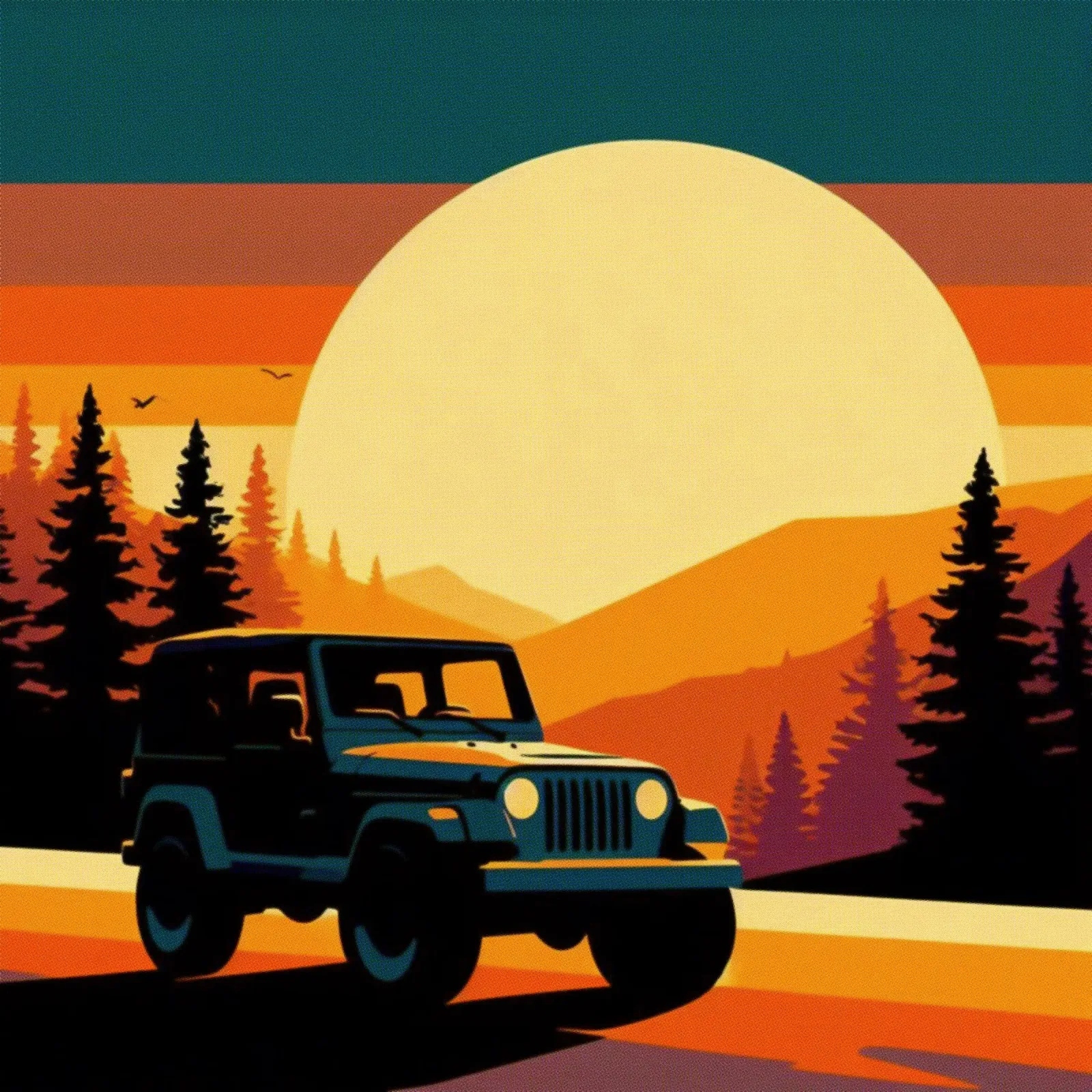 Sunset Jeep 4x4 – Vintage Posterdruck hahnemühle by posterprints-by-nomad