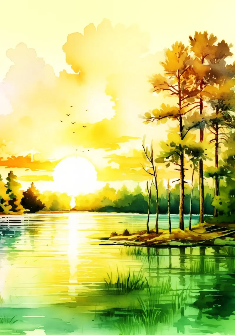 Alba sul fiume Arte dell'acquerello pellicola backlit da kaiyaraiya