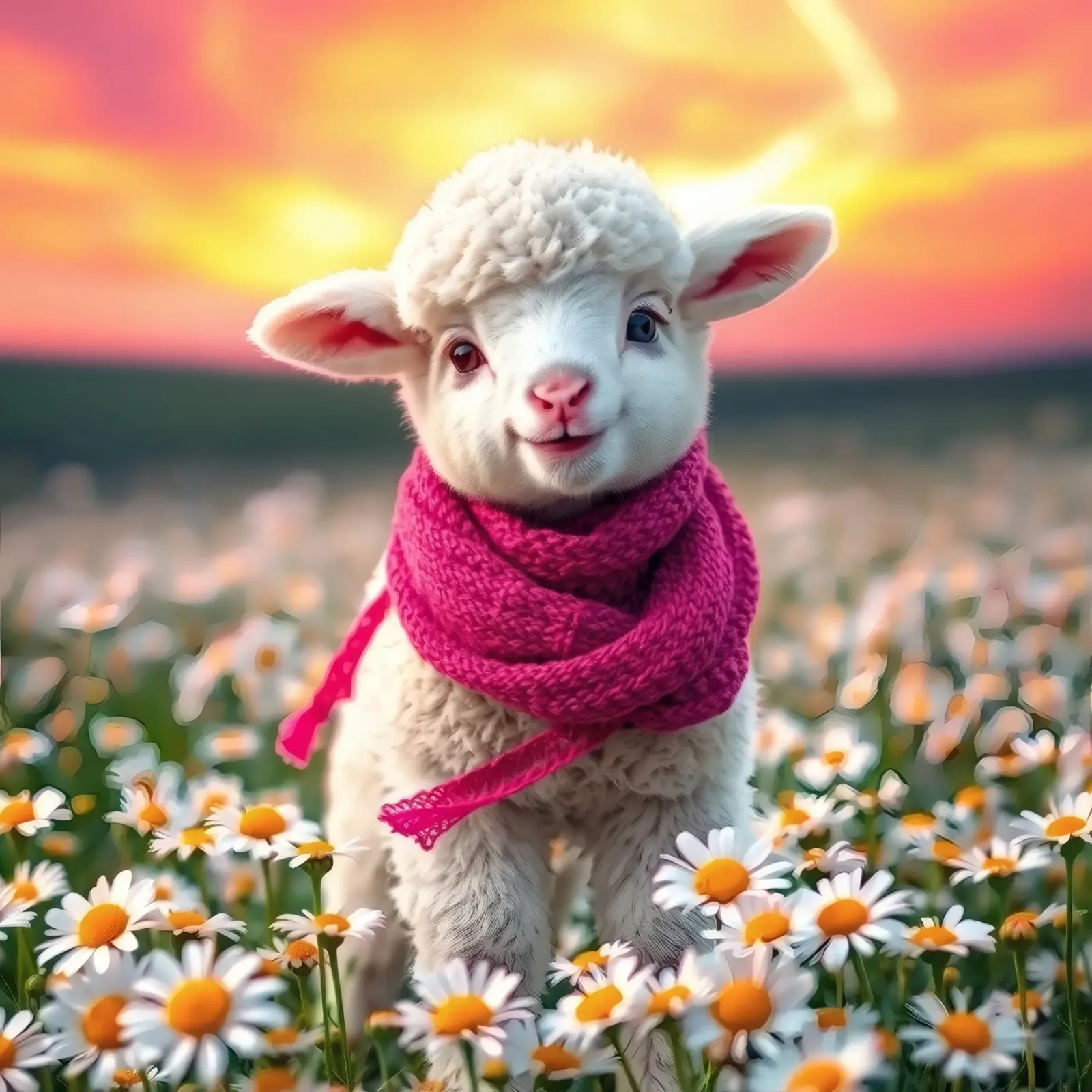 Agnello felice con sciarpa rosa in piedi tra le margherite pellicola backlit da DesignDoodle