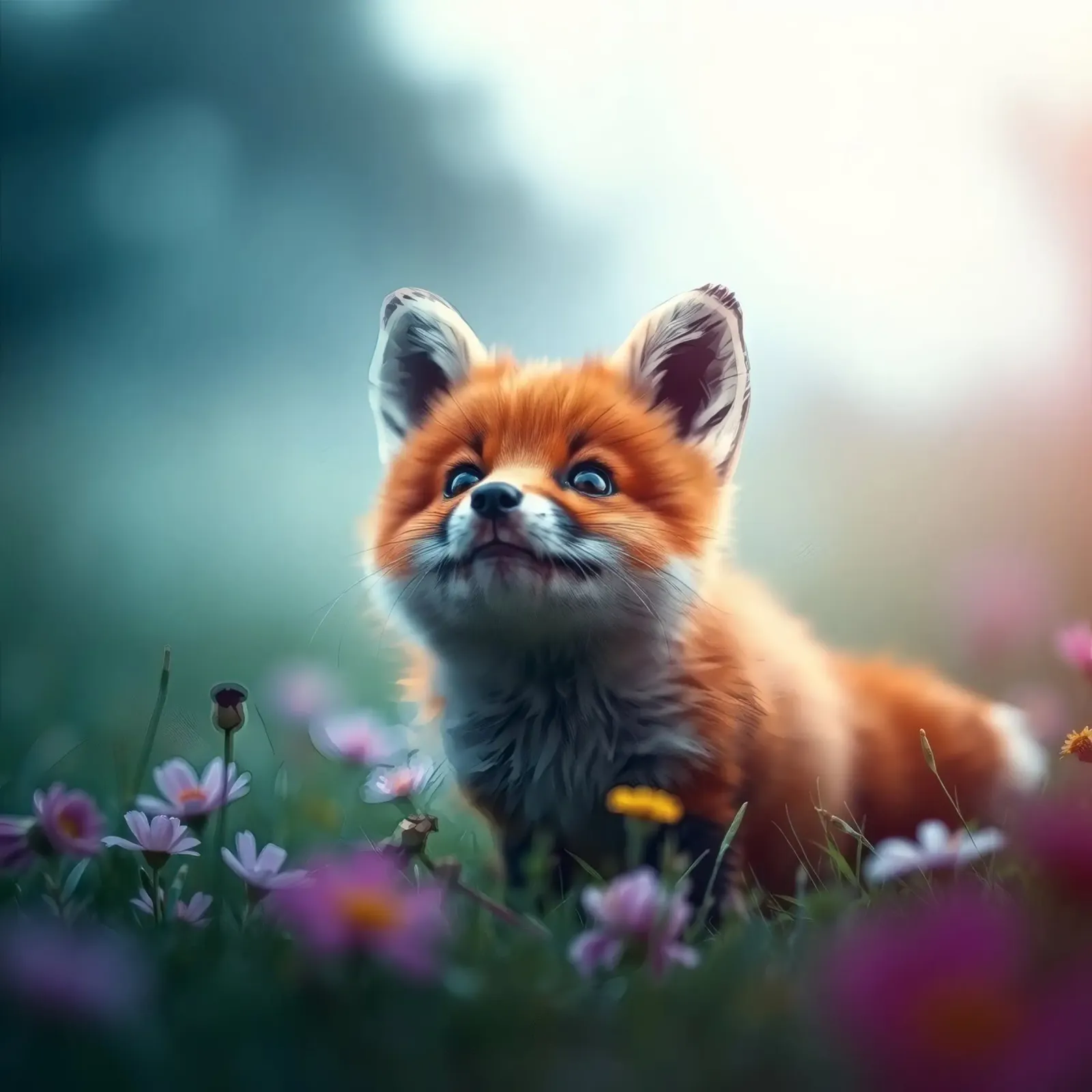 Simpatico cucciolo di volpe che esplora un prato ricco di fiori selvatici pellicola backlit da DesignDoodle