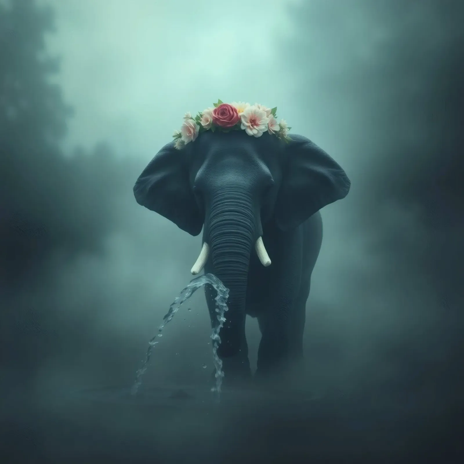 Elefante ornato di fiori che mostra la sua bellezza in un paesaggio nebbioso pellicola backlit da DesignDoodle