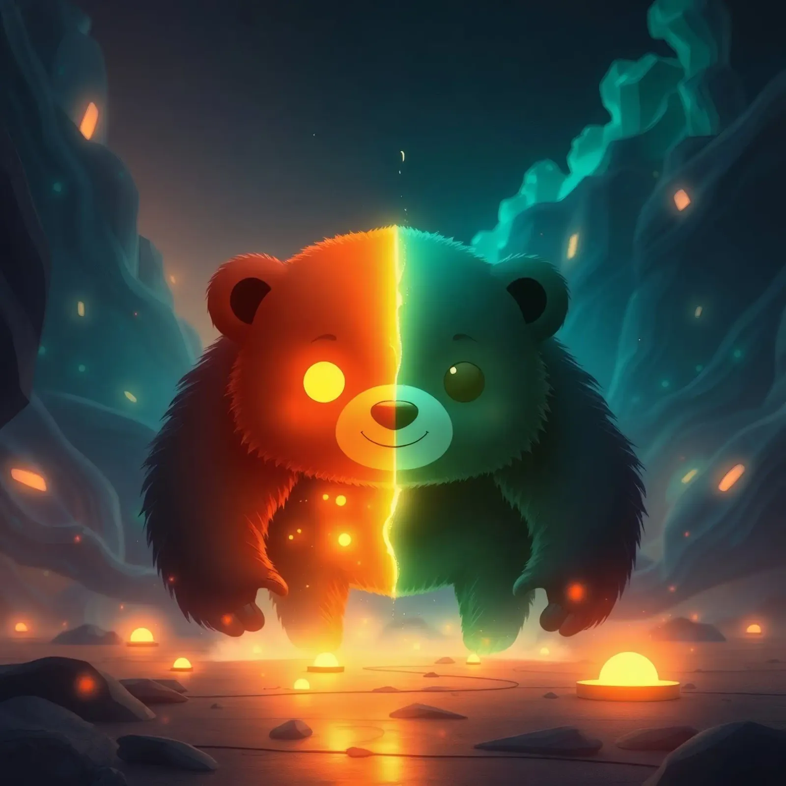 Panda enchanté avec des éléments lumineux marchant à travers un paysage mystique hahnemühle de DesignDoodle