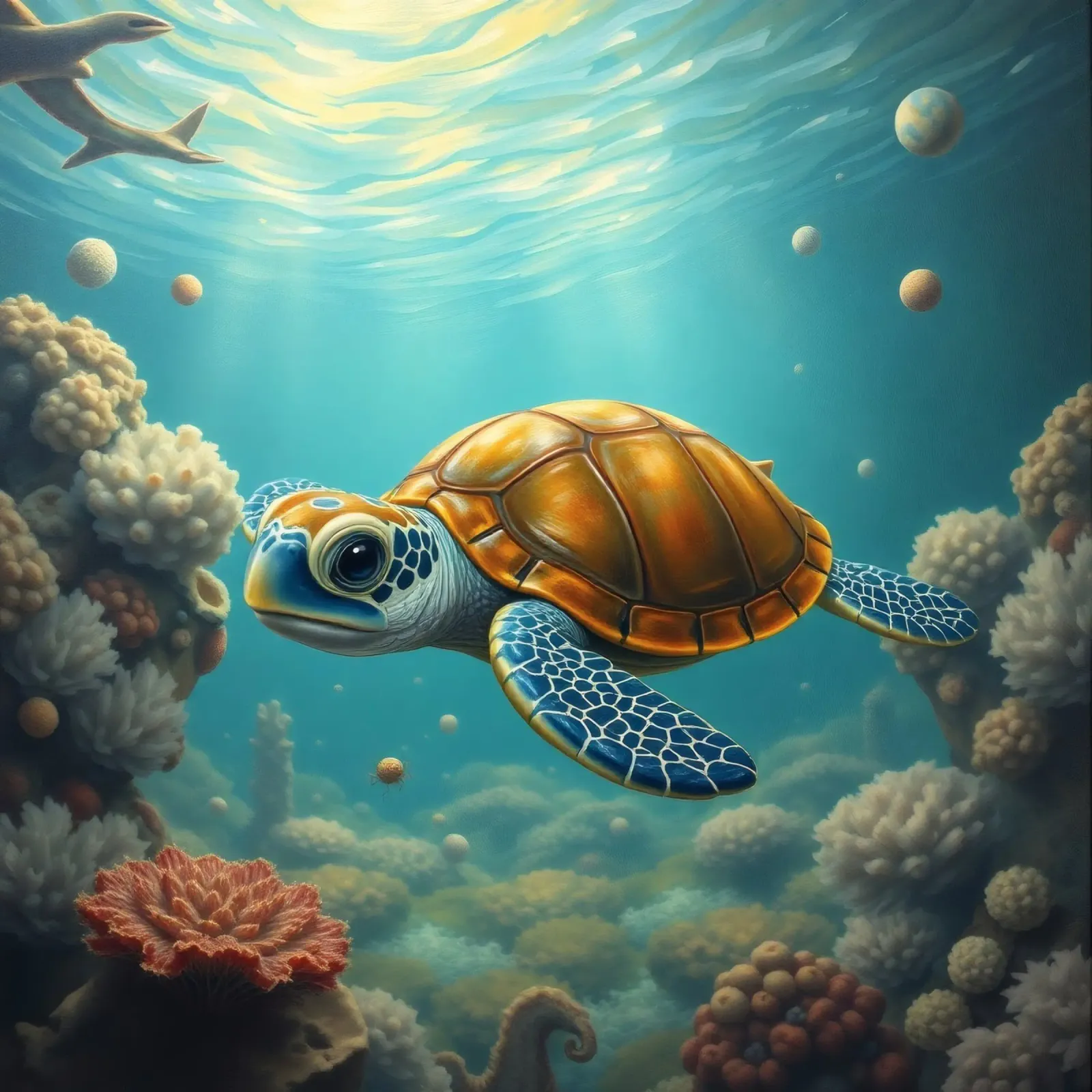 Une tortue de mer nage gracieusement dans un récif corallien dynamique alu dibond de DesignDoodle