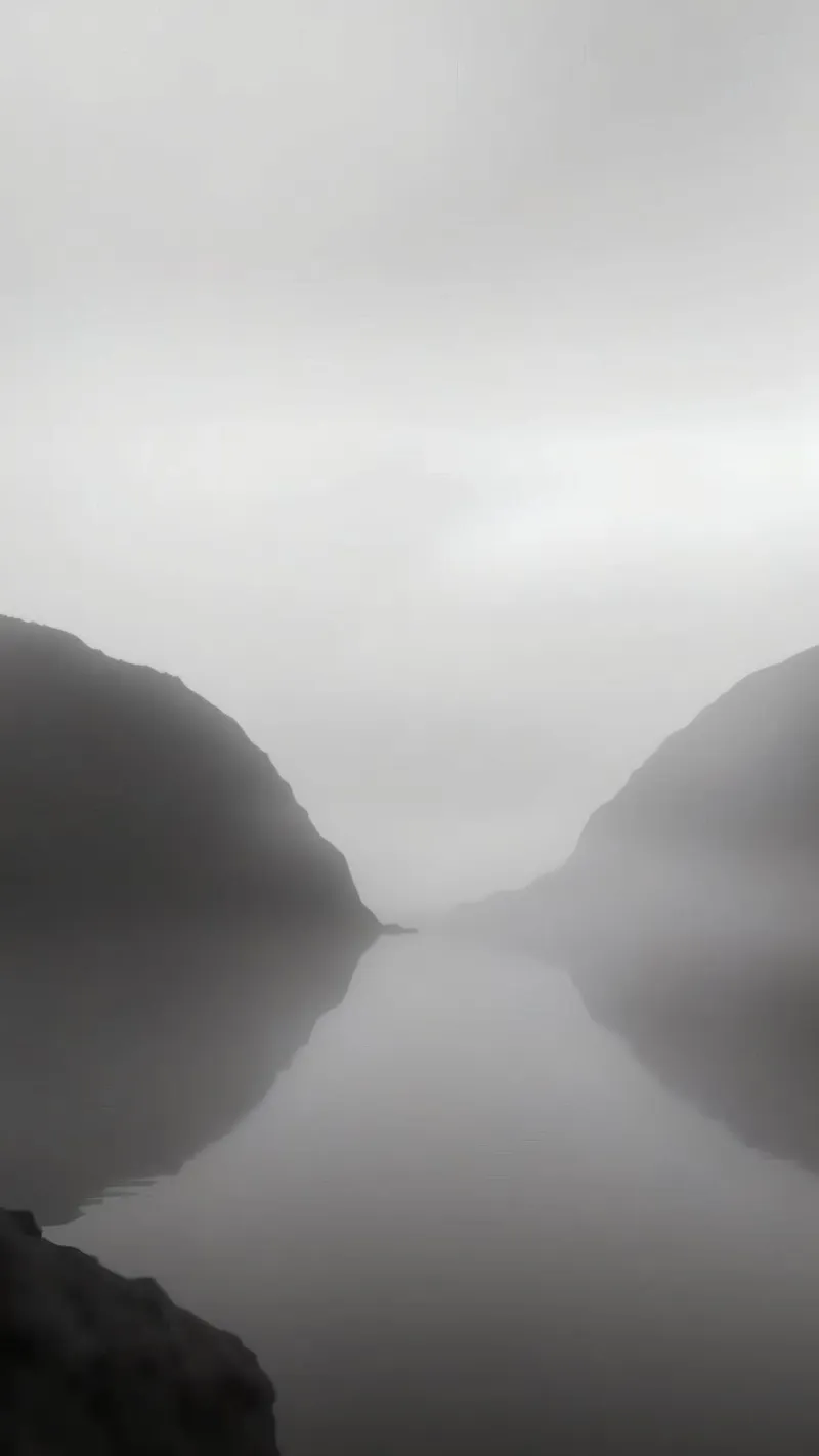 Misty mountain landscape with calm waters reflecting hahnemühle by DesignDoodle