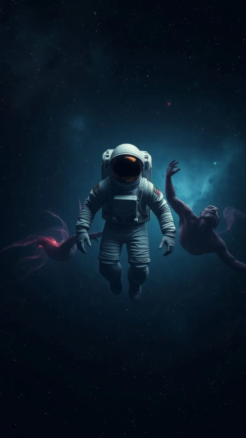 Cosmic exploration with astronaut and abstract beings canvas by DesignDoodle