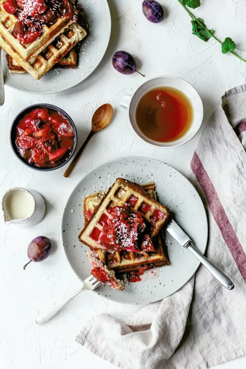 Waffeln mit Pflaumenkompott canvas with Floater frame by Eat this