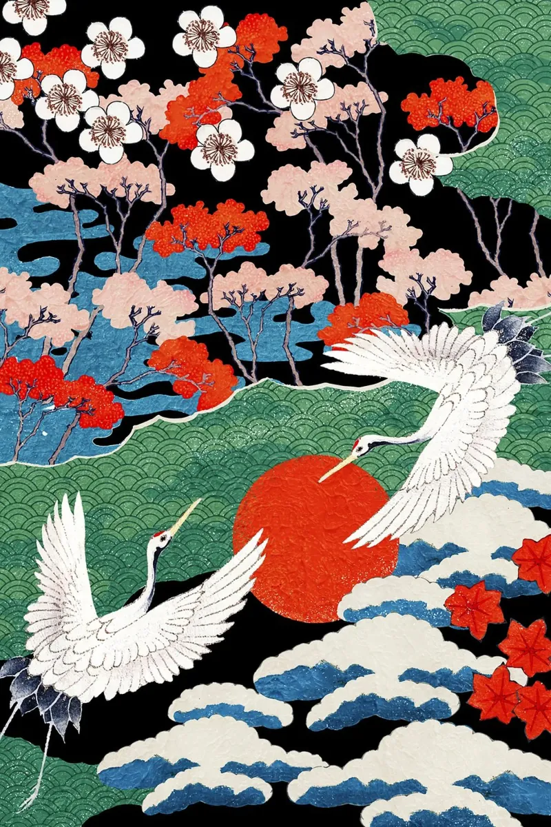 Two Cranes and the Red Sun Vintage Japanese Illustration hahnemühle by lovely lines