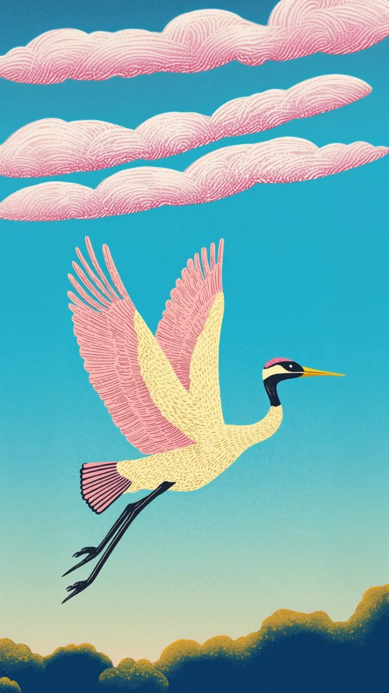 A Japanese Majestic Crane Vintage Bird in sky & clouds canvas with Floater frame by Kaji
