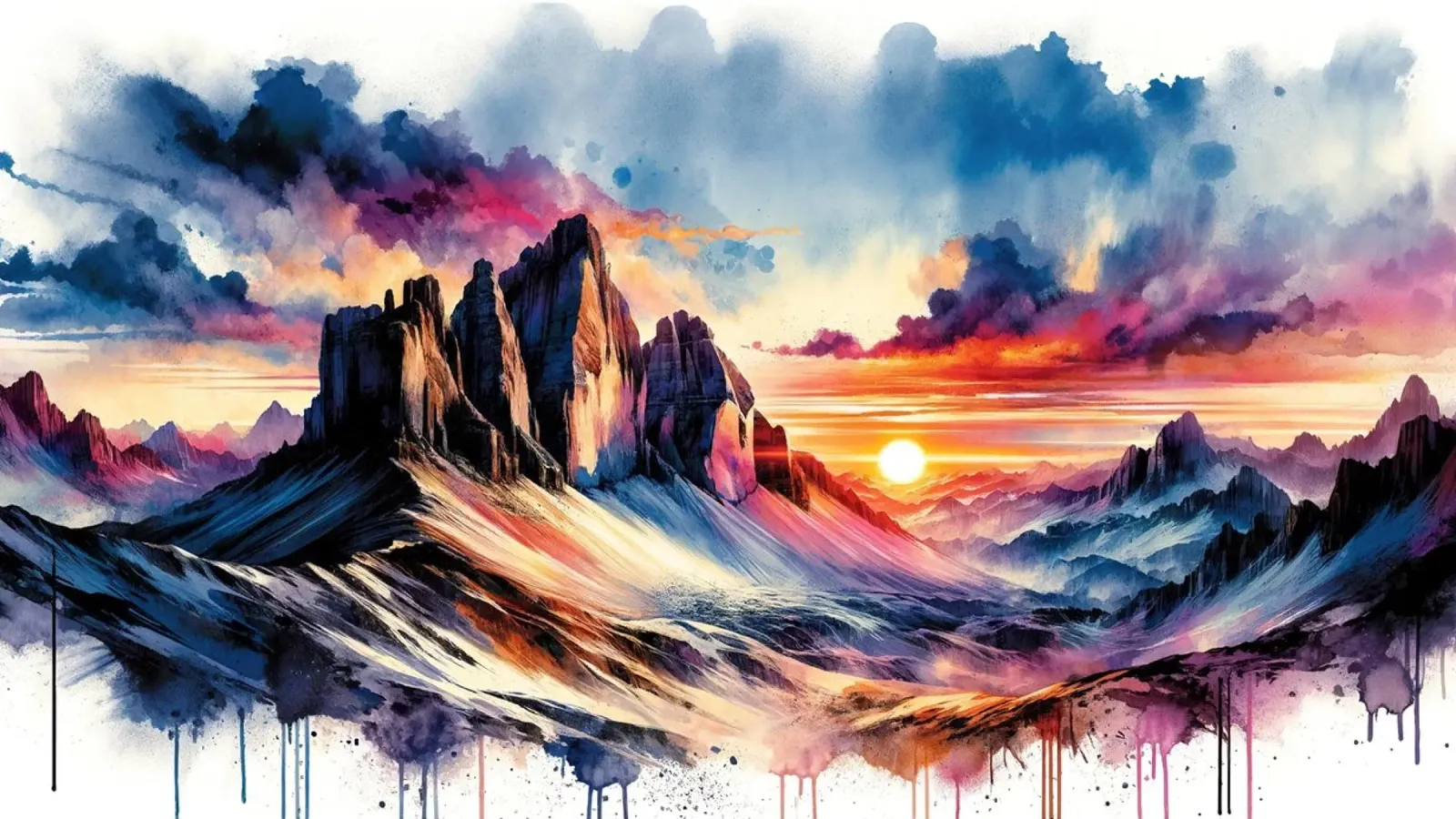 Paisaje montañoso en acuarela al atardecer poster con marco de plástico de Chromatic Fusion Studio