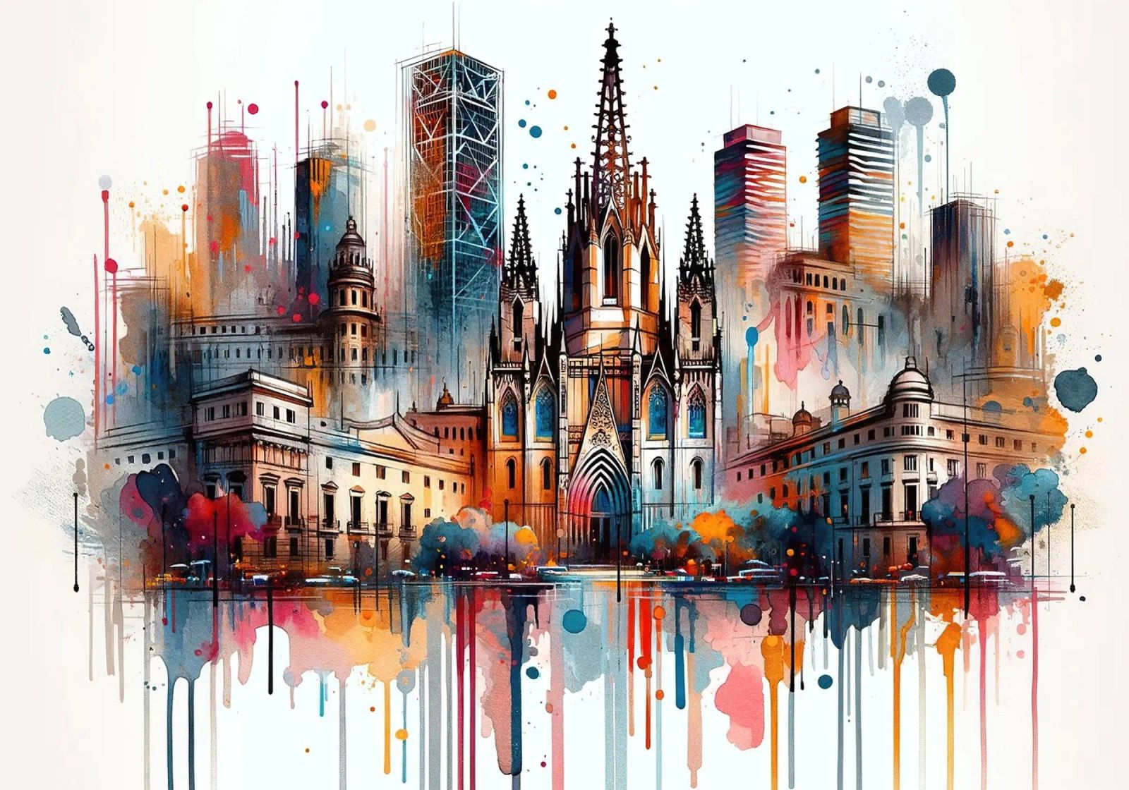 Watercolor Skyline Barcelona poster by Chromatic Fusion Studio