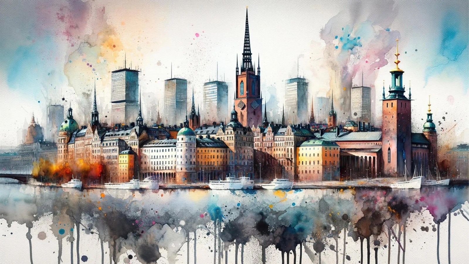 Aquarell Skyline von Stockholm Poster von Chromatic Fusion Studio