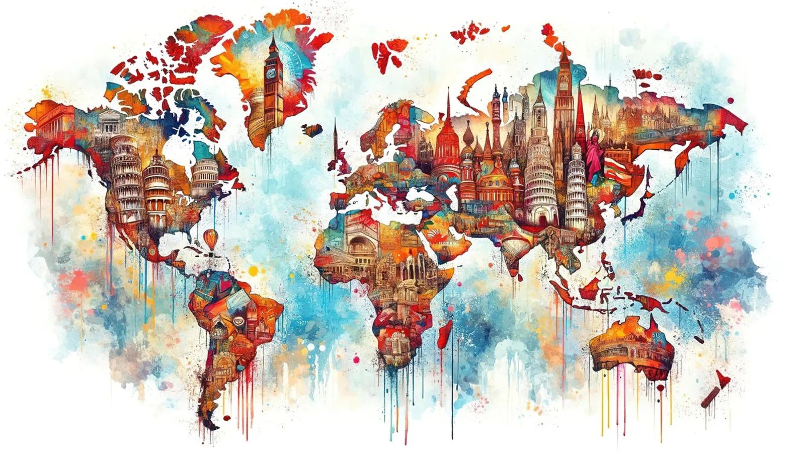 Watercolor World Map Landmarks poster by Chromatic Fusion Studio