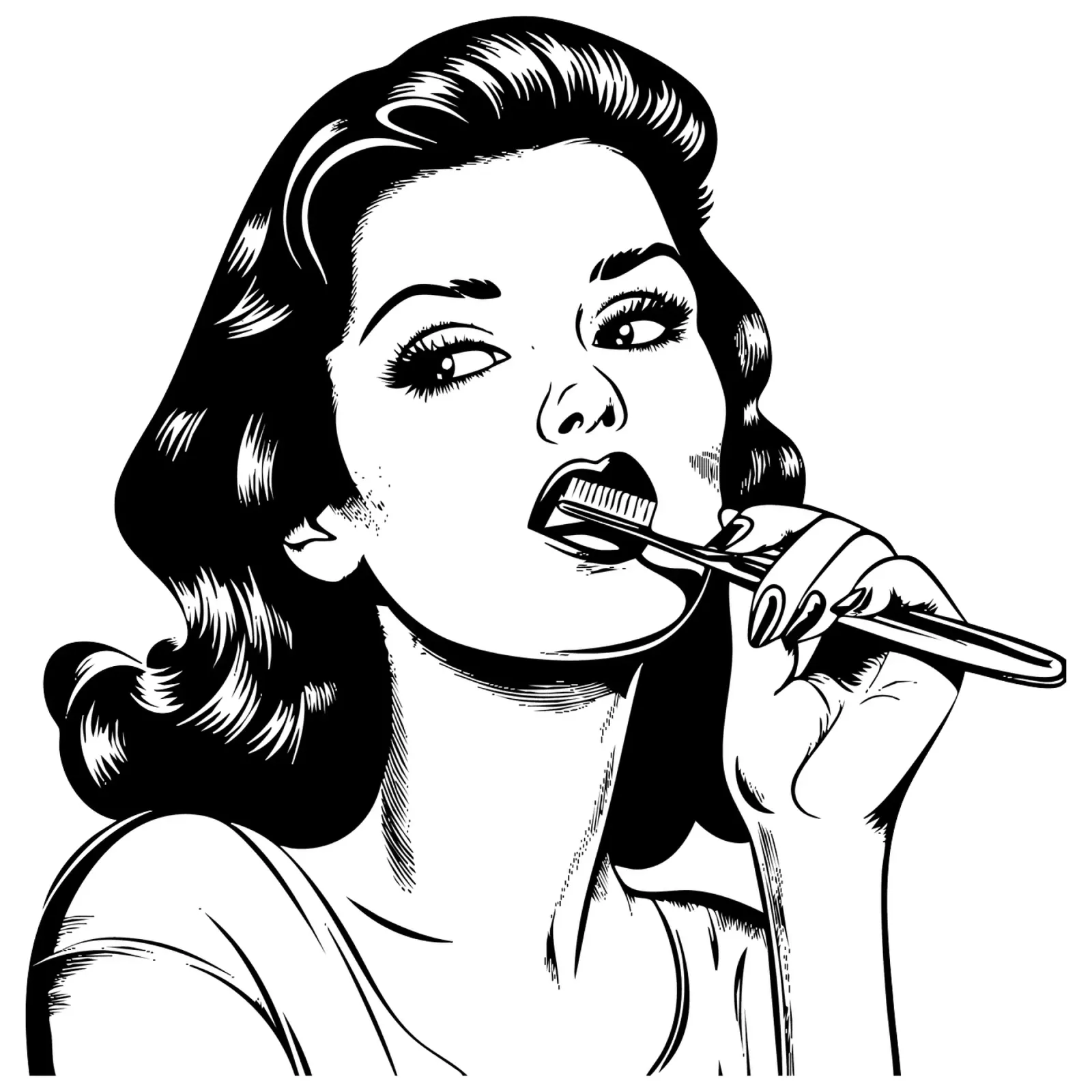 Routine retrò - Stampa Pop Art Donna che si lava i denti poster con telaio in plastica da Synthaira