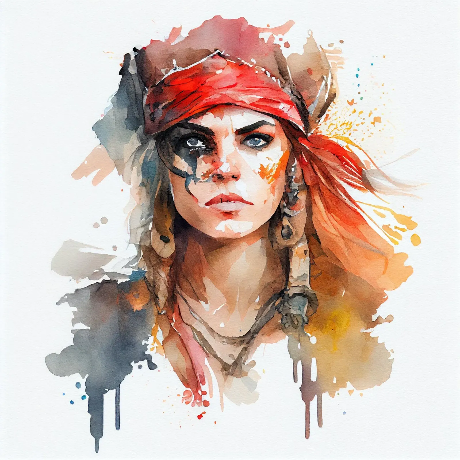 Donna pirata ad acquerello poster con telaio in legno da Chromatic Fusion Studio