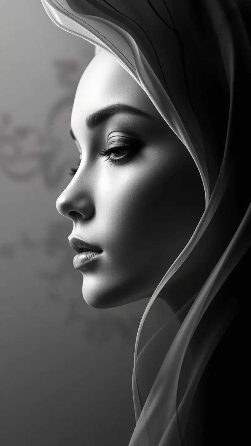 Elegant black and white portrait with soft fabric draping canvas by DesignDoodle