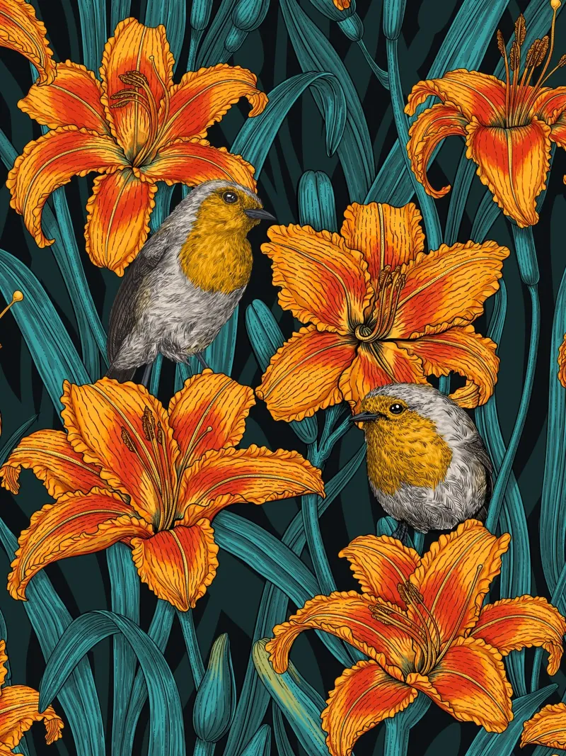 Pettirosso e fiori di giglio plexiglass da Painted Nature