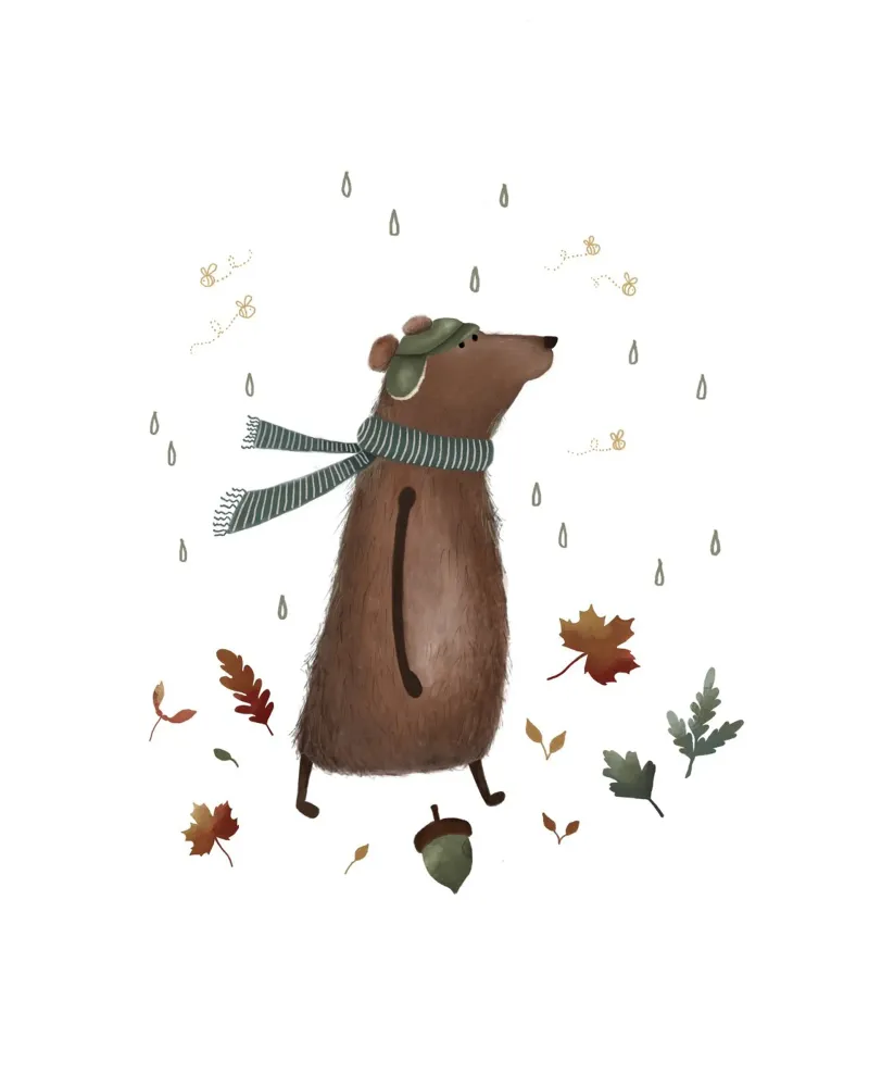 Accogliente orso autunnale - Stampa d'arte di un animale del bosco stravagante poster con telaio in alluminio da Urchin Bay Art