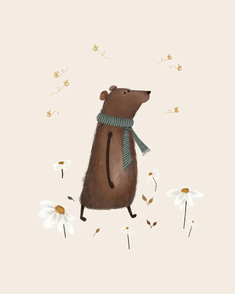 Orso stravagante con fiori di campo - Arte murale per bambini poster con telaio in alluminio da Urchin Bay Art