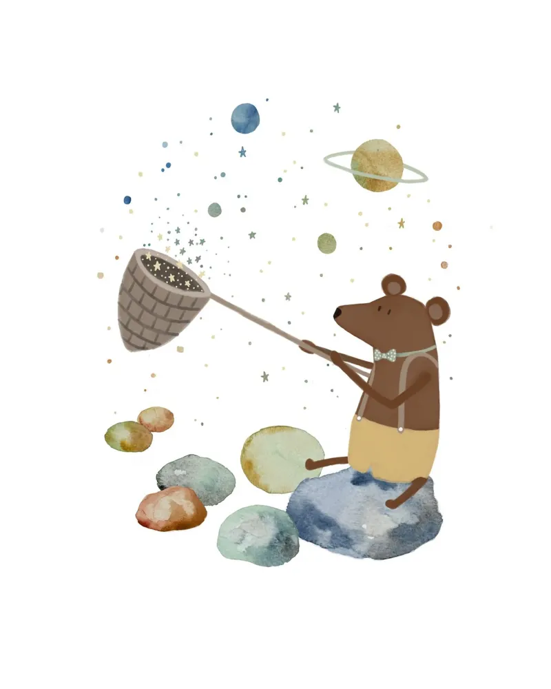 Bleu Bear Catching Stars - Skurrile Weltraumabenteuer-Kunst Poster mit Aluminium Rahmen von Urchin Bay Art
