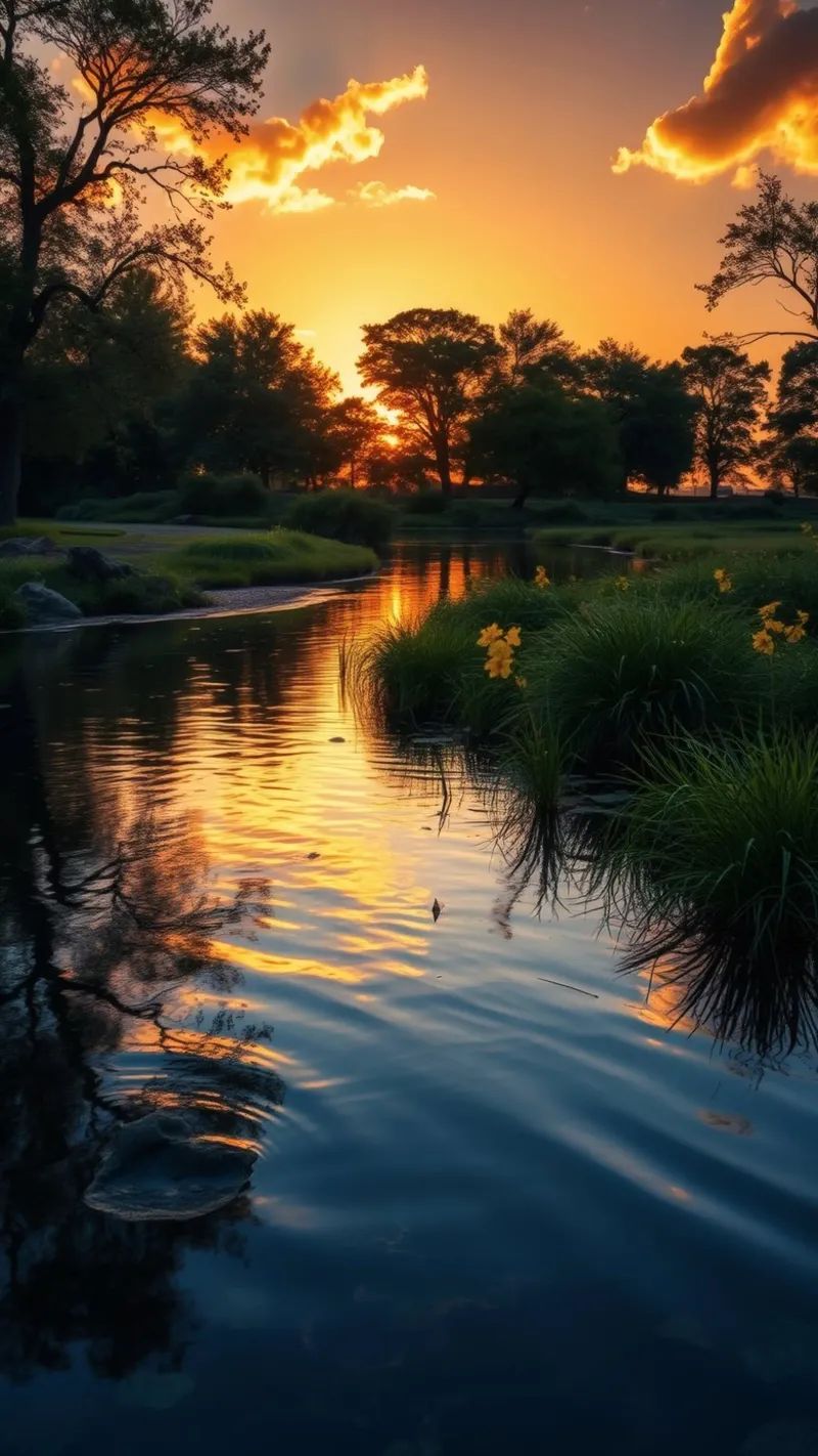Vivido tramonto che si riflette sull'acqua calma con fiori vivaci poster con telaio in alluminio da DesignDoodle