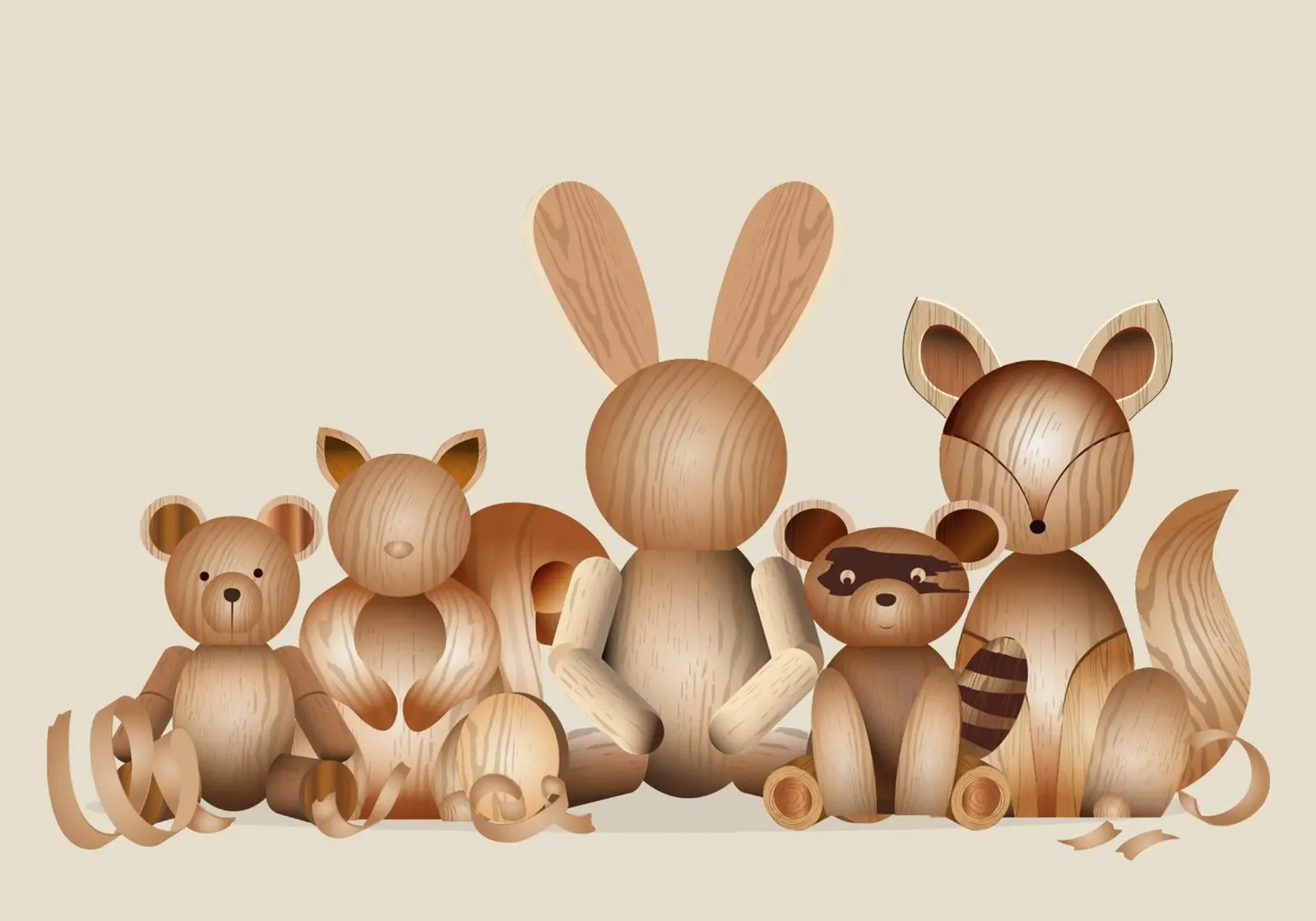 Illustratie in houtlook - Speelse groep dieren canvas met Baklijst van namosh