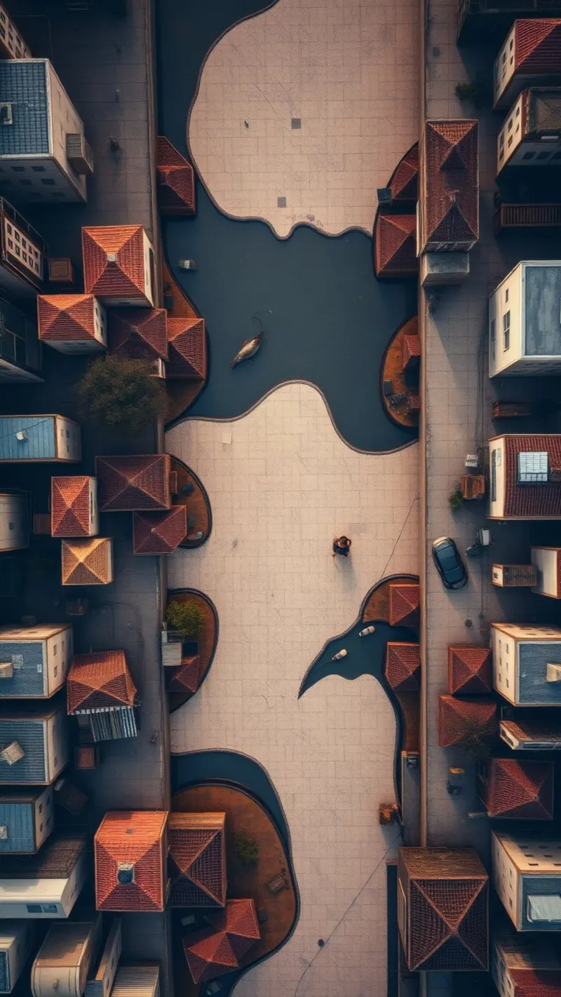 Unique aerial view of neighborhood with winding pathway canvas with Floater frame by DesignDoodle