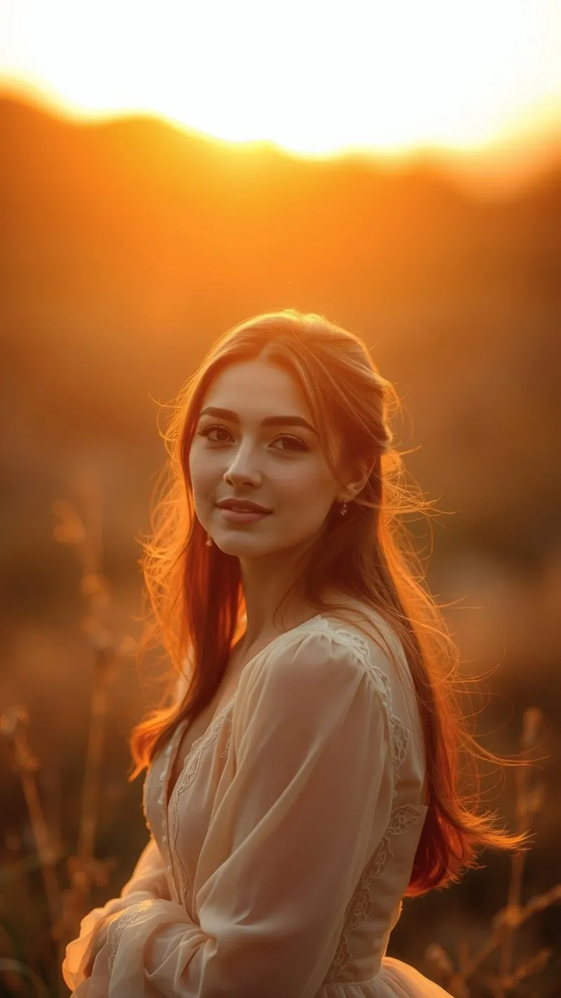 una donna dai capelli fluenti sullo sfondo di un tramonto alluminio dibond da DesignDoodle