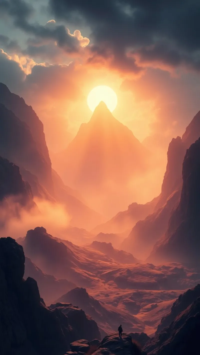 Coucher de soleil à couper le souffle sur des montagnes majestueuses dans une douce brume hahnemühle de DesignDoodle