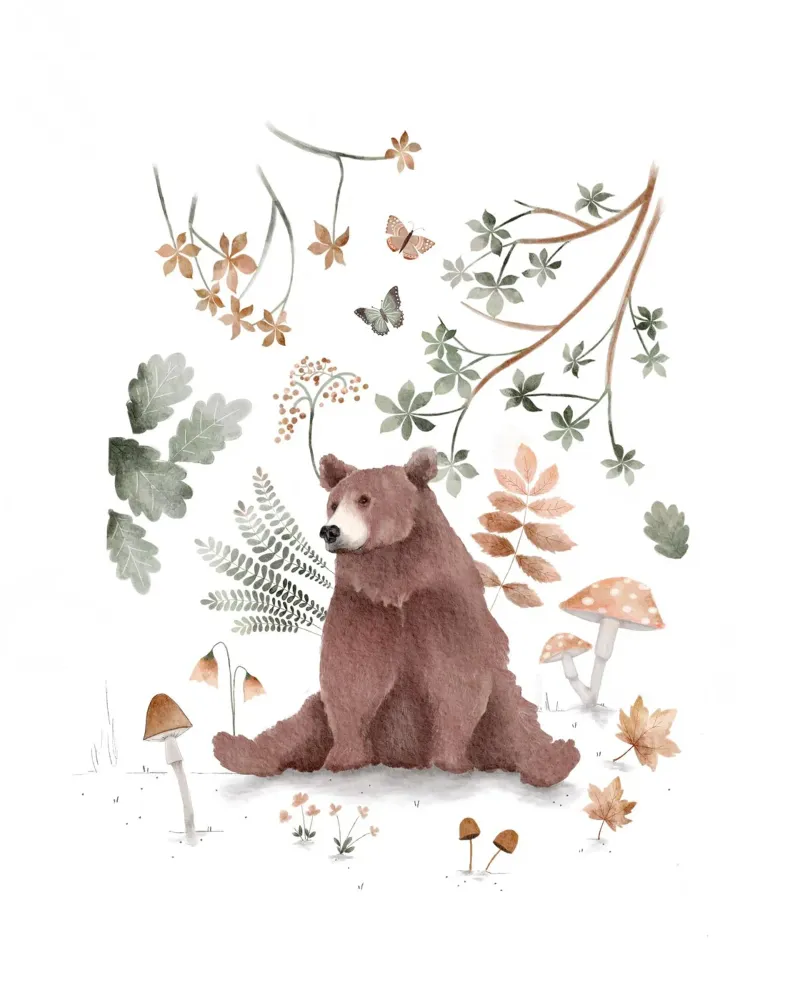 Impresión botánica de un oso - Arte caprichoso del bosque para el cuarto de los niños lienzo de Urchin Bay Art