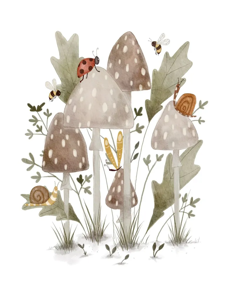 Bugs & Mushrooms Print – Whimsical Woodland Wall Art poster by Urchin Bay Art