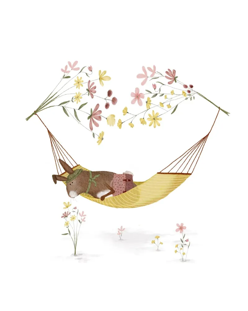 Bunny Hammock Print – Relaxing Woodland Nursery Art canvas with Floater frame by Urchin Bay Art