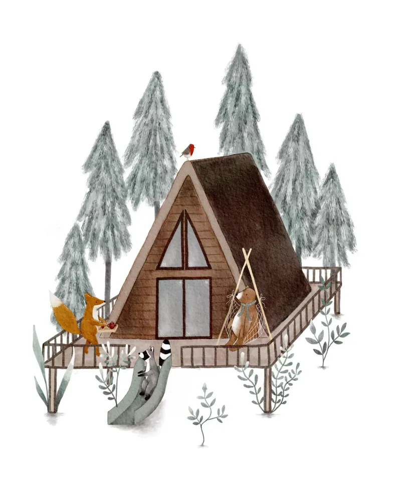 Cabin in the Woods - Knusse bosdierenprint canvas met Baklijst van Urchin Bay Art