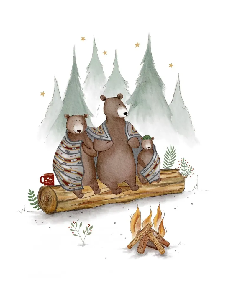 Acogedora hoguera de osos - Impresión familiar de un bosque caprichoso lienzo con Marco flotante de Urchin Bay Art