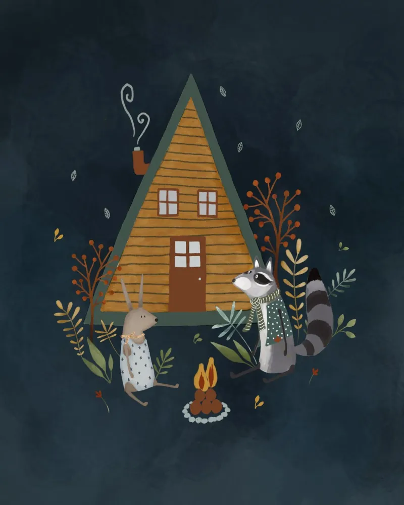 Cozy at the Cabin - Stampa d'arte di una notte di bosco stravagante poster con telaio in plastica da Urchin Bay Art