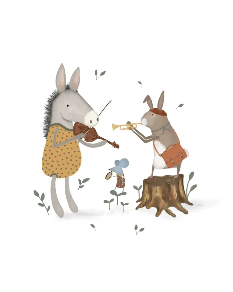Delilah & Friends - Skurriles Tierorchester Kinderzimmer Kunst Alu-Dibond von Urchin Bay Art