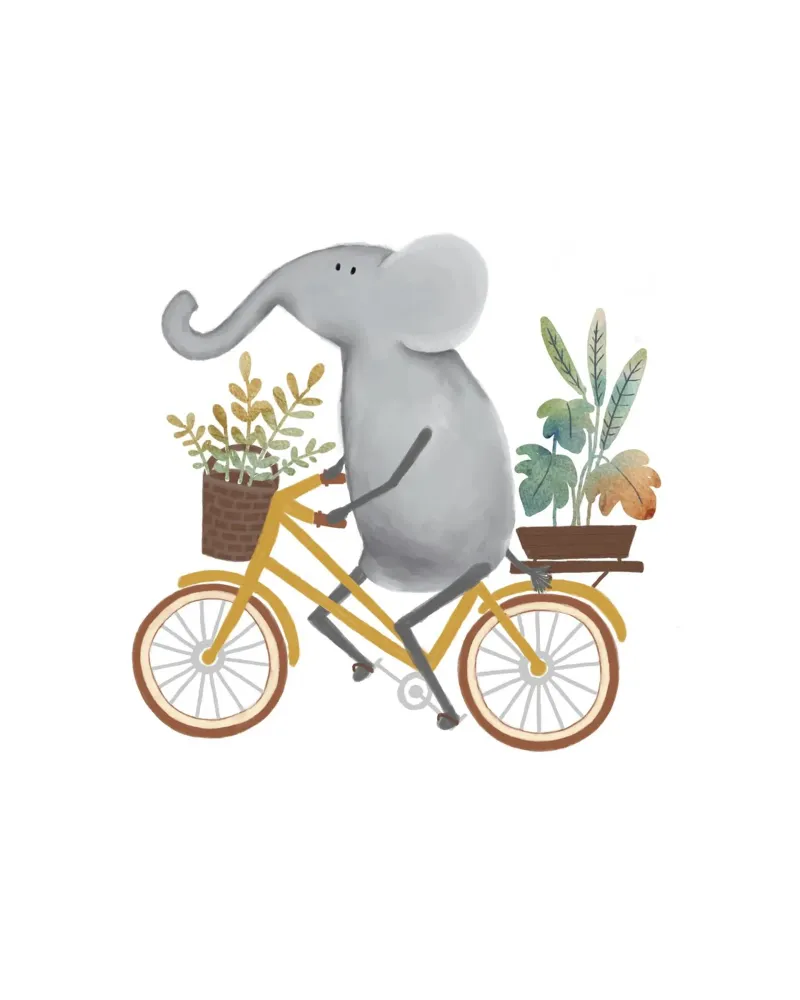Whimsical Elephant on Bicycle – Cute Safari Nursery Wall Art canvas with Floater frame by Urchin Bay Art