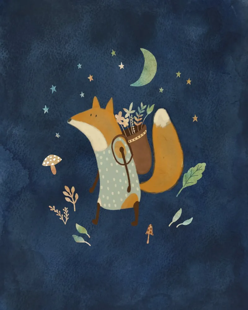 Foraging Fox Under Moonlight – Whimsical Forest Art Print canvas with Floater frame by Urchin Bay Art