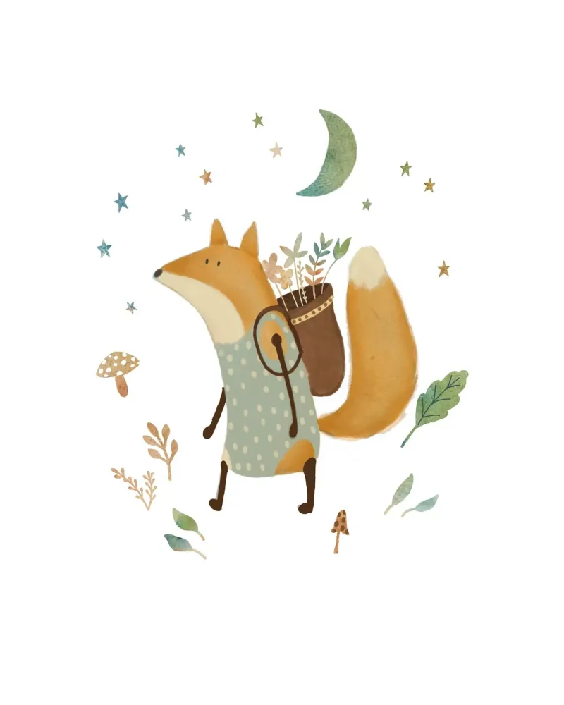 Renard en quête de nourriture - Impression d'art fantaisiste sur le thème de l'aventure dans les bois poster avec cadre en plastique de Urchin Bay Art