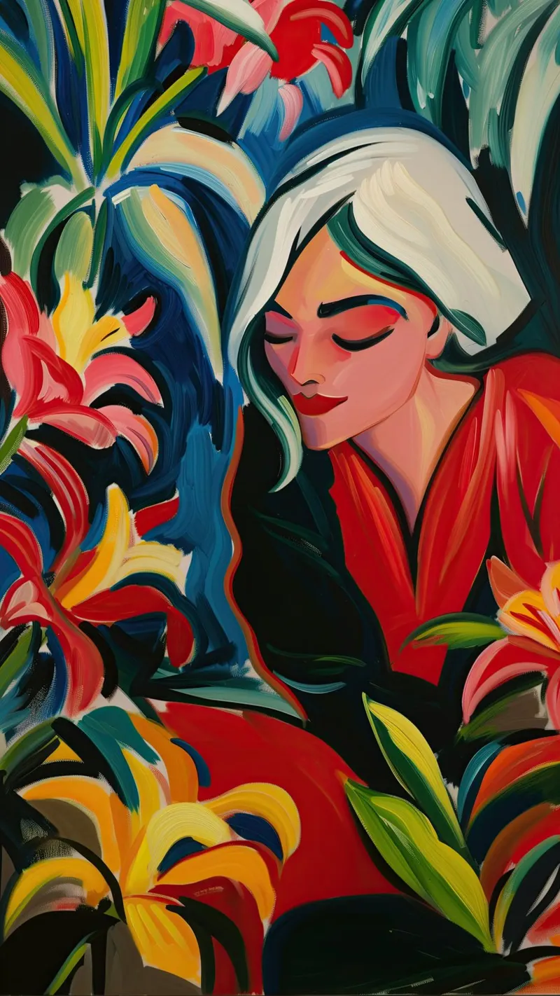 Vrouw in de orchideeëntuin | Expressionistisch schilderij in 16:9 canvas met Baklijst van Autofocus