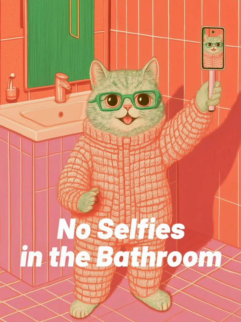 Vietato farsi i selfie: Divertenti illustrazioni di gatti per il bagno tela con Cornice a cassetta da Kaji