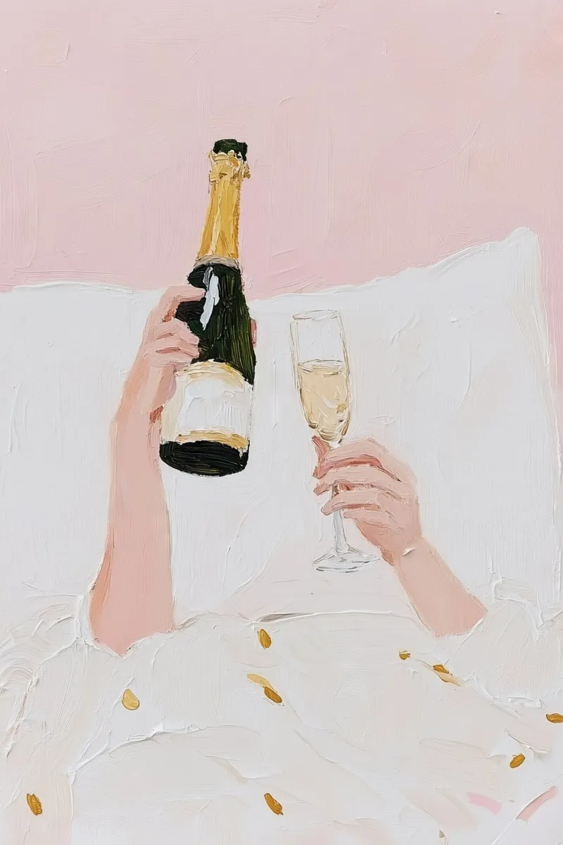 Champagne a letto, Poster celebrativo, Arte murale di tendenza Arte rosa poster con telaio in alluminio da Little Lila