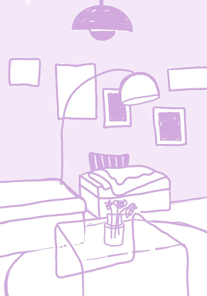 Living room in lilac poster with plastic frame by designlenamarie