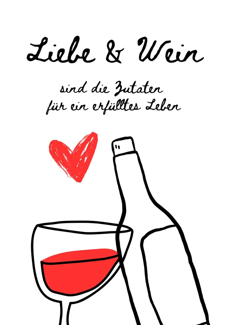 Liebe & Wein poster con telaio in legno da DigiWunderwerk