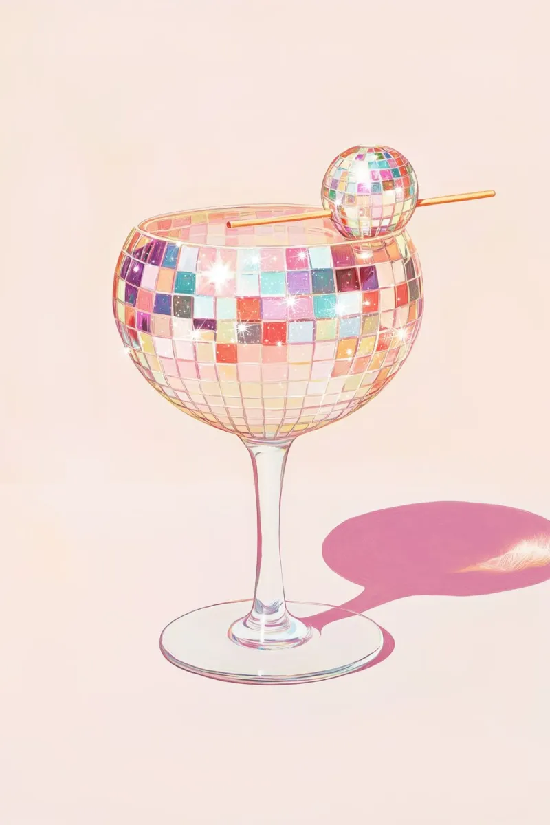 Bicchiere da cocktail con palla da discoteca colorata poster con telaio in plastica da Melloi Art Print