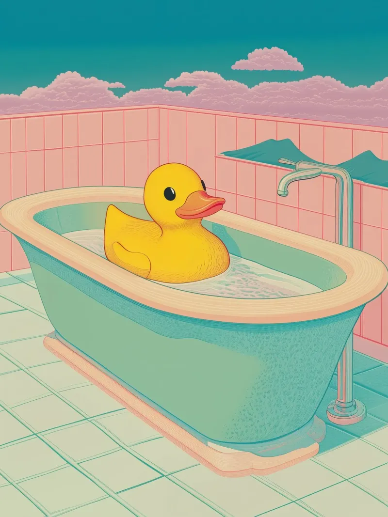 Un mignon canard en caoutchouc jaune dans une baignoire - Bathroom Art hahnemühle de Kaji